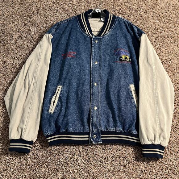 Vintage 90s Denim Varsity Jacket Mens 2XL Blue White Embroidered Car Show - Picture 1 of 11